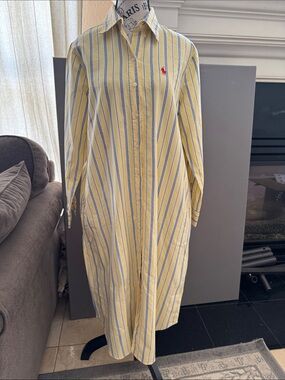 Polo by Ralph Lauren Yellow and Blue Striped Maxi Shirt Dress